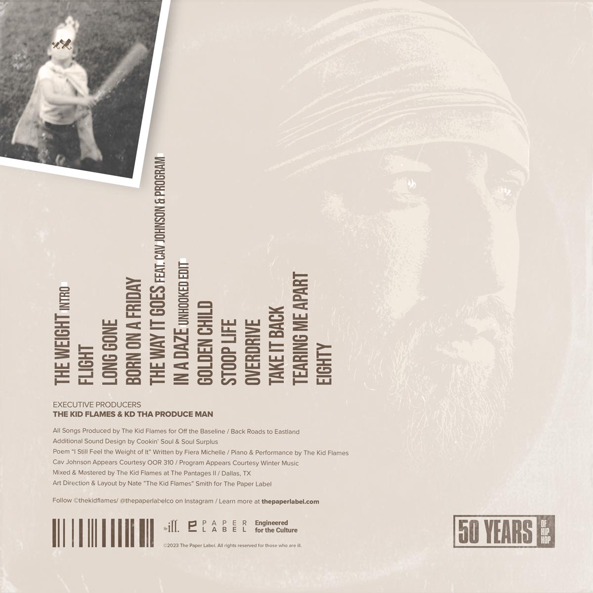 The Kid Flames Golden Child back artwork featuring track listing, credits, and photos of the artist.